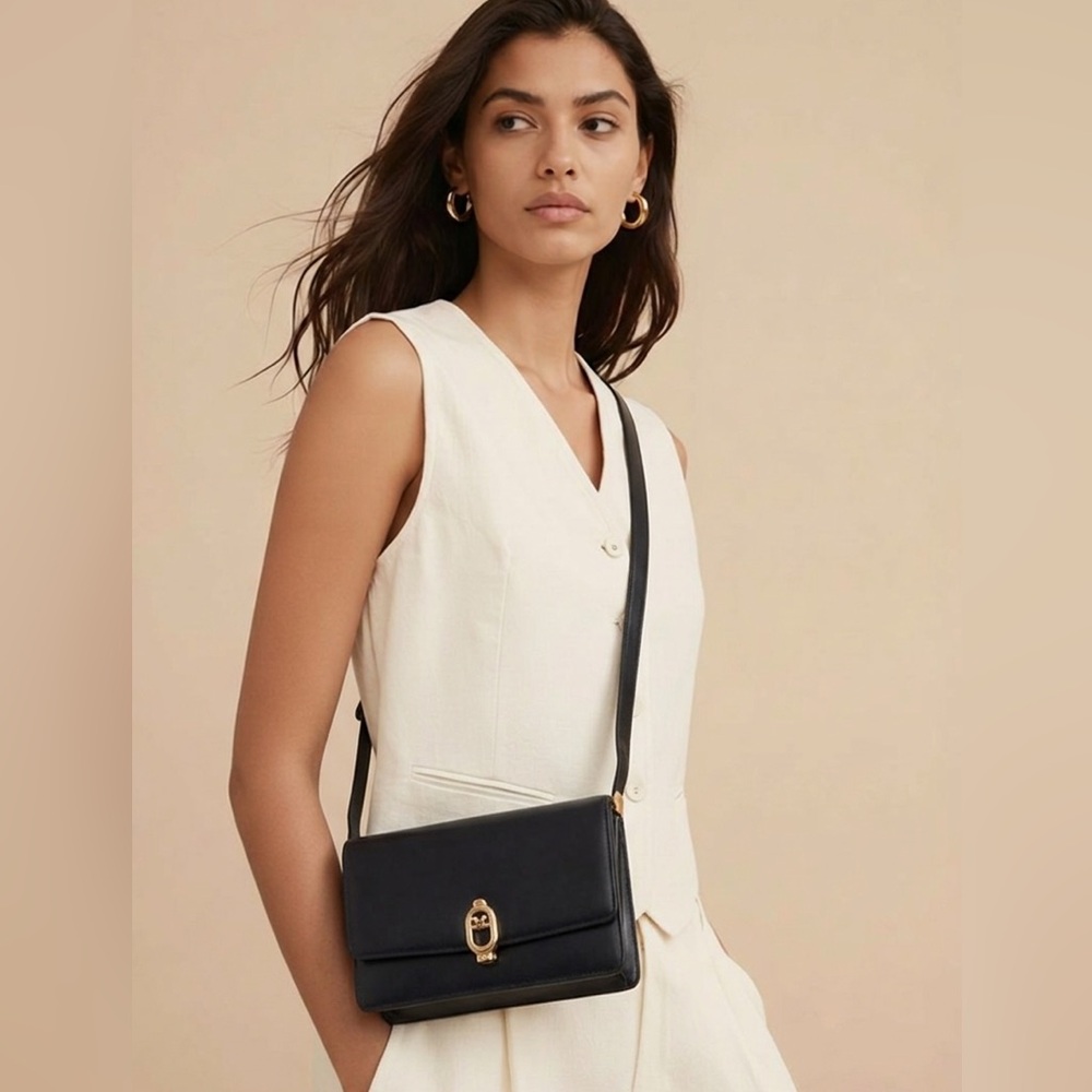 Pre-Loved Vintage Celine Navy Leather Shoulder Bag with Gold Hardware